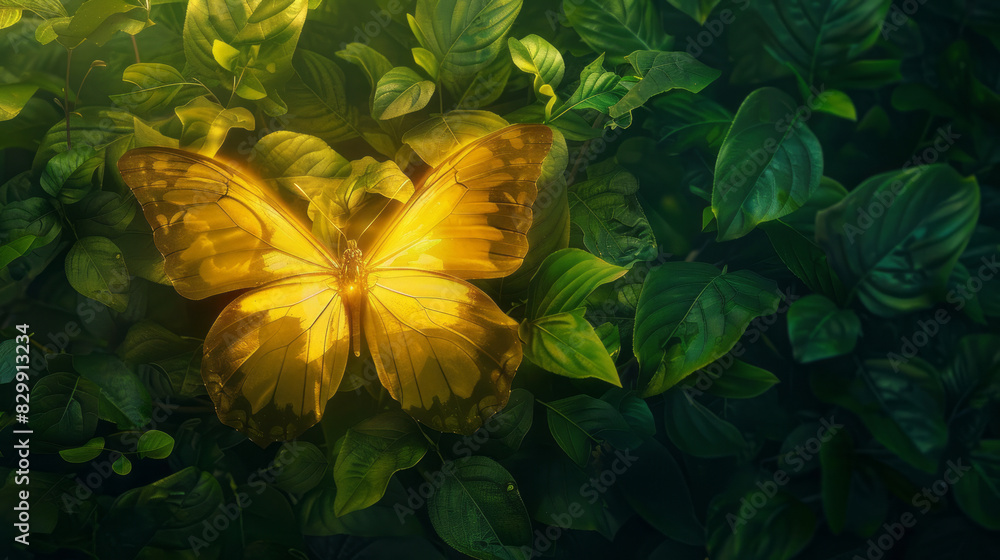 Wall mural Glowing yellow butterfly resting on green leaves in nature