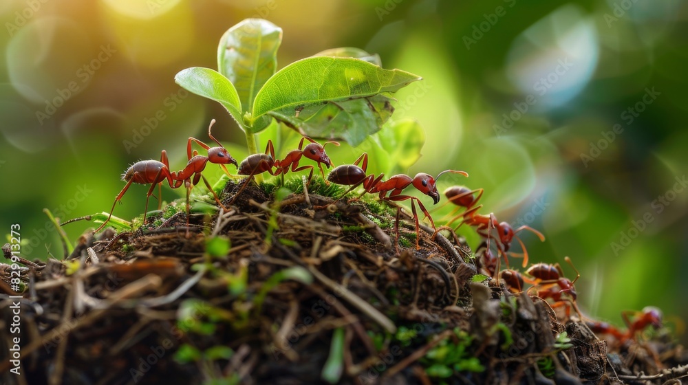 Poster Ants working together to build a nest out of leaves and twigs, showcasing their cooperative behavior and teamwork.