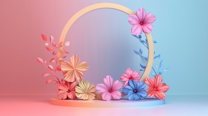 Empty white round podium stage with minimalistic style pink colored flowers decoration