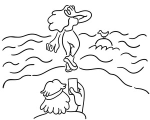 people in traveling on resort in doodle in vector. line illustration for banner website app sticker poster