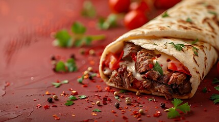 Meat in lavash with tomatoes, sauce, spices and herbs lies on a pink background