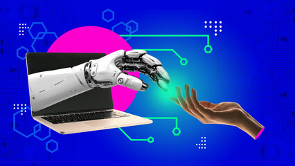 Contemporary art collage. Robotic hand reaching to human hands from laptop against vibrant blue...