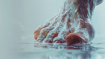 Closeup of a swollen foot with visible edema, detailed skin texture close up, medical focus, hyperrealistic, double exposure with a clinical examination room backdrop