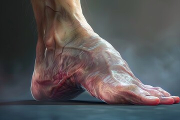 Closeup of a swollen foot with visible edema, detailed skin texture close up, medical focus, hyperrealistic, double exposure with a clinical examination room backdrop