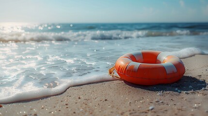 Obraz premium The beach is clean and the water has gentle waves, with sunlight shining on it. The background features a calm sea surface with small ripples.