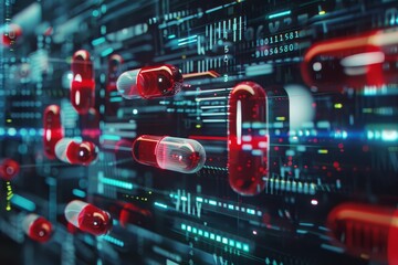 Obraz premium Front view of AIdriven pharmacogenomics models, highlighting personalized medication predictions close up, precision healthcare, advanced tone, monochromatic