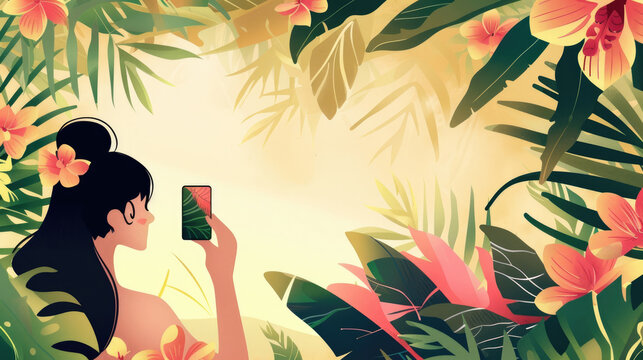 flat illustration, vintage postcard, Selfie Day, beautiful brunette girl taking a selfie among tropical leaves