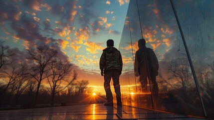 Honoring heroes as a young boy leaves his tribute at the Vietnam Veterans Memorial Wall close up, solemn remembrance, ultrarealistic, double exposure with a sunset backdrop