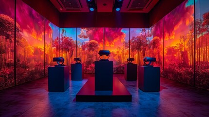 A podium with integrated VR headsets, on a stage with a backdrop showing immersive virtual environments. Minimal and Simple style