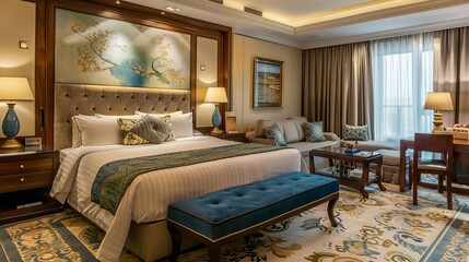 luxurious hotel room with elegant furnishings and amenities inviting interior design