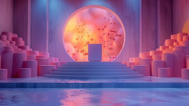 A podium with a clean, modern design on a stage with a backdrop of rotating molecular models. Minimal and Simple style