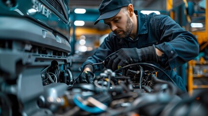 The mechanic is working on the engine of an electric truck, which has wires and other parts attached to it. He wears dark blue work  with blue gloves and hat. 