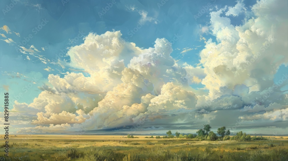 Poster Low-lying stratus clouds blanketing the sky, creating a soft and diffuse light that gently illuminates the landscape