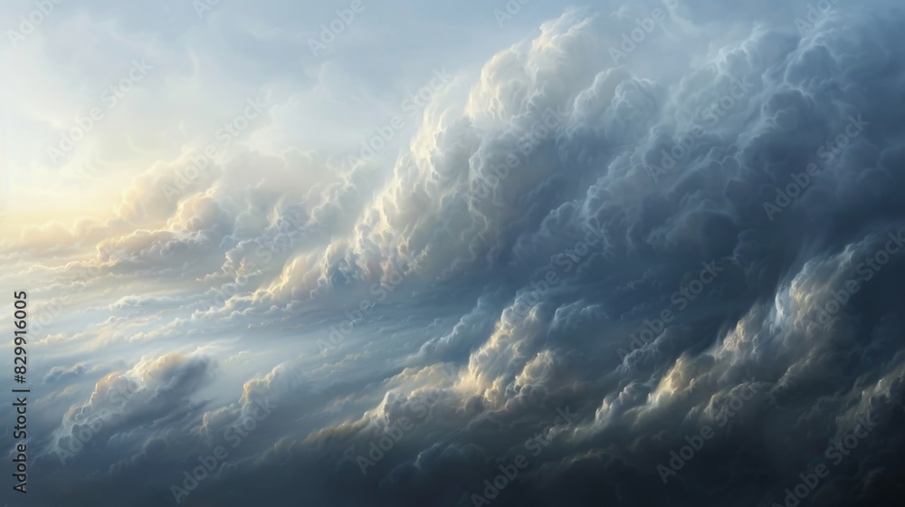 Poster Low-lying stratus clouds blanketing the sky, creating a soft and diffuse light that gently illuminates the landscape.