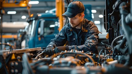 The mechanic is working on the engine of an electric truck, which has wires and other parts attached to it. He wears dark blue work  with blue gloves and hat. 