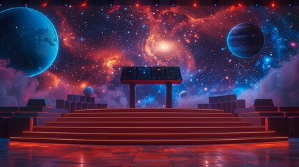 A podium with integrated LED touchscreens, on a stage with a backdrop of holographic planets and stars. Minimal and Simple style