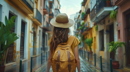 Young woman tourist wearing hat and backpack walking down the street in city center of Malaga, Spain on summer vacation. Travel concept.