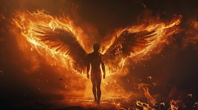 magical fallen angel lucifer with glowing fiery wings dark fantasy concept illustration