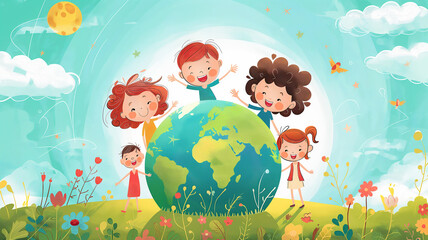Illustration Of Kids Playing Around The World. Earth Day Concept.