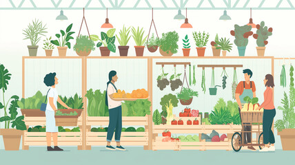 Gardener and a big collection of the pot plants, citrus trees, flowers, garden tools and signboards,florist and gardener, illustration.