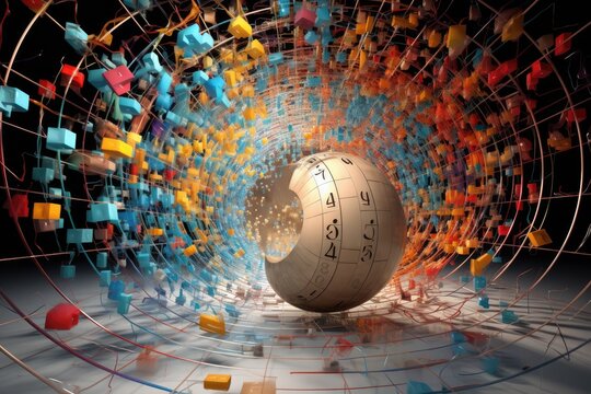 a sphere with a clock inside of it, A 3D visualization of a mathematical equation, transforming its abstract concepts into a visual spectacle - Powered by Adobe