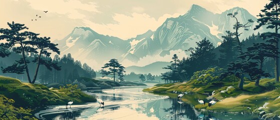 Serene Japanese landscape in ukiyo-e style. Winding river flows through verdant valley, framed by rugged mountains, ancient pine trees. Cranes wade in shallows, elegant forms reflected in still water.