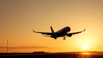 Airplane taking off from the airport during sunset