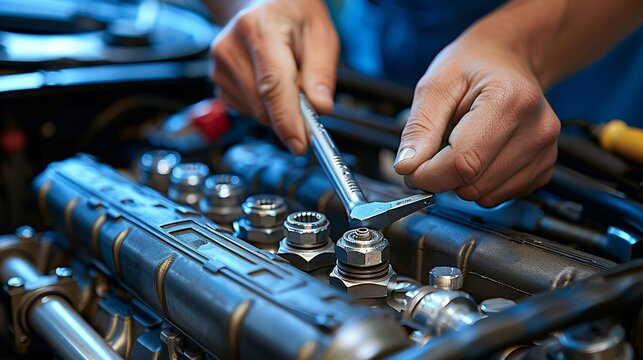 A mechanic's hands using a ratchet to tighten bolts on a car engine, showing the tools in action. Minimal and Simple style