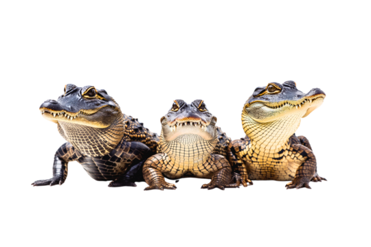 Group of a crocodile arranged neatly in a row on transparent background. Generative ai illustration.