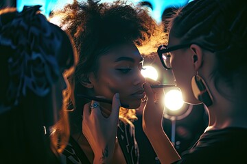 A backstage scene at a fashion show, makeup artists working their magic with precision and speed