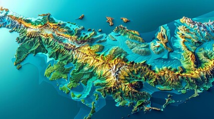 detailed threedimensional topographic map of japan with shaded relief and vibrant colors digital illustration