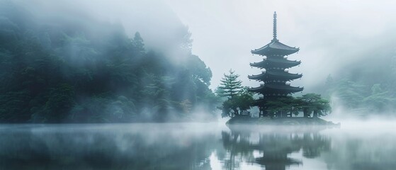 Misty Pagoda Serenity: Captivating scene featuring a traditional Japanese pagoda shrouded in mist....
