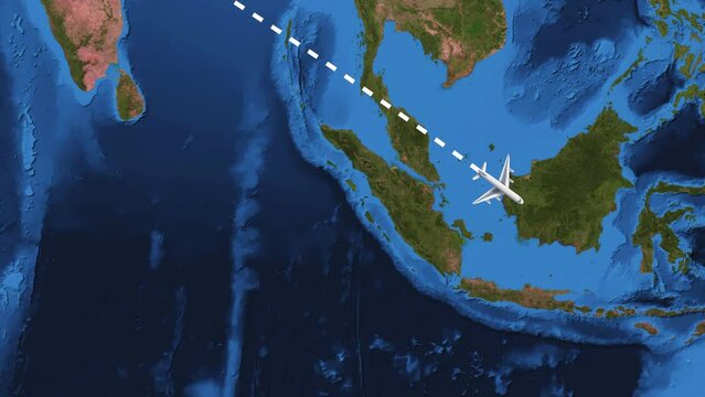 International flight travel route from Paris to Sydney on worlds map in 4K