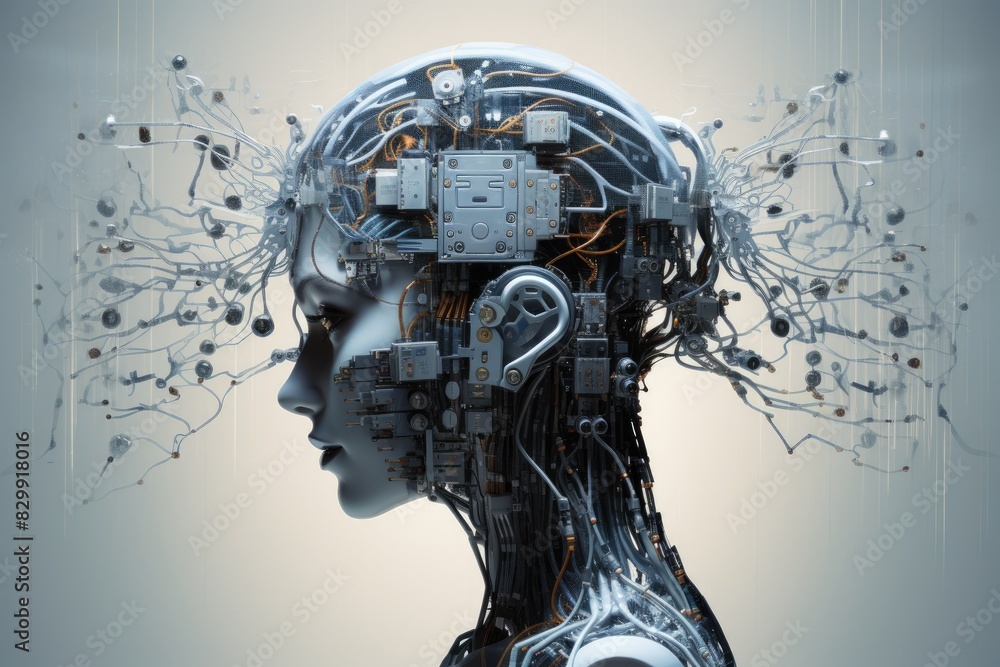 Aufkleber a woman with a head full of wires and wires, A brain-computer interface enhancing cognitive capabilities