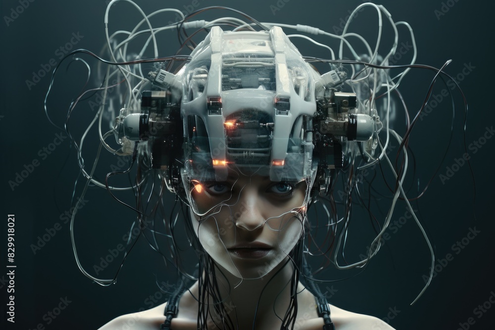 Fototapete a woman with a head full of wires and wires, a brain-computer interface enhancing cognitive capabili
