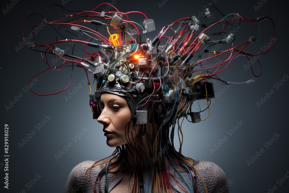 Fototapete a woman with a head full of wires and wires, a brain-computer interface enhancing cognitive capabili