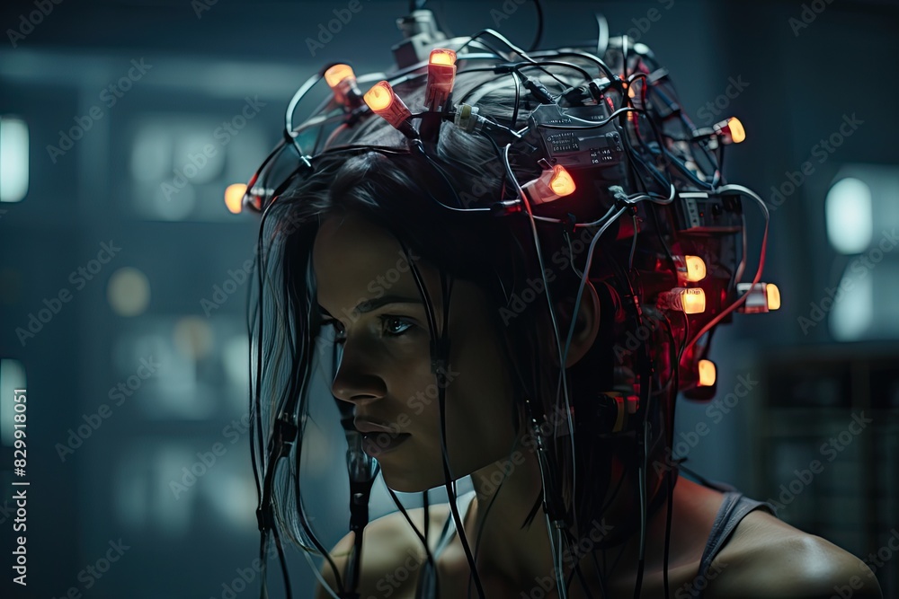 Leinwandbilder a woman with a head full of wires and wires, a brain-computer interface enhancing cognitive capabili