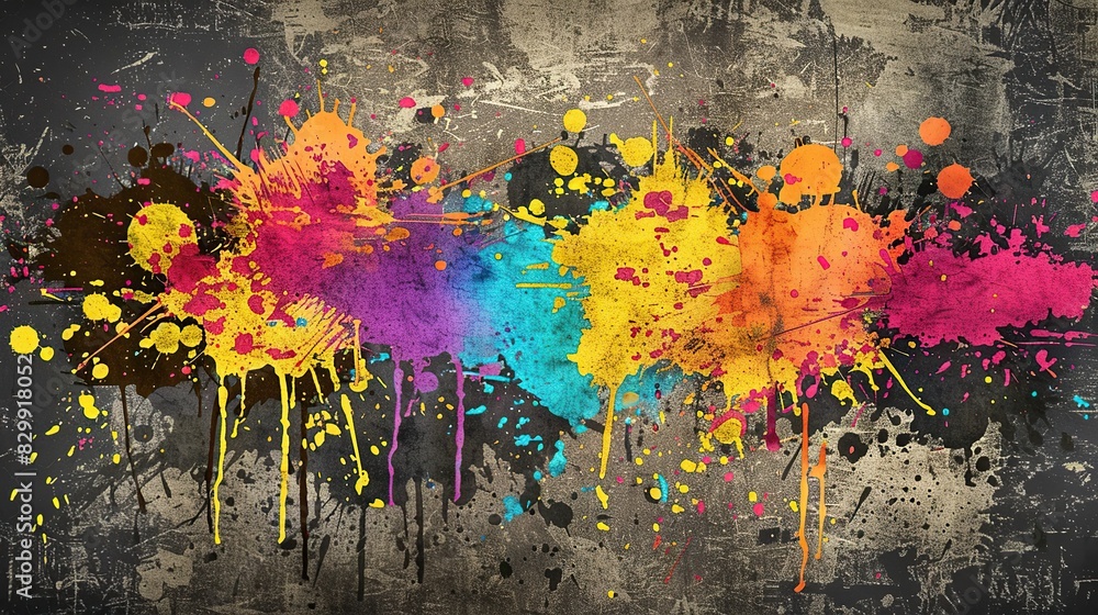Poster colorful paintings with splashes of paint that create a sense of chaos and energy. the colors are br