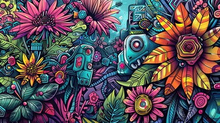 Colorful painting of a flower garden with a robot in the middle for an environmentally friendly technology theme concept