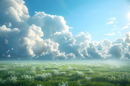 A vast green field under a blue sky with white clouds
