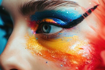 a woman with colorful makeup and a feather, Accentuate the vibrant hues and tactile details of a makeup artist's artistic endeavor on a model