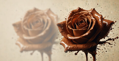 brown melted chocolate creating rose with drops of chocolate, photorealistic background for sweet food