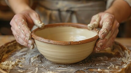 Fototapeta premium A potter's hands trimming a ceramic bowl, removing excess clay to perfect the shape. Minimal and Simple style