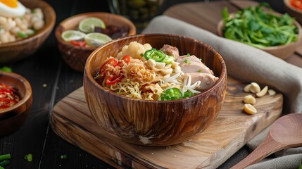 chicken noodle with bakso served on rustic cutting board on dark background. Generative Ai