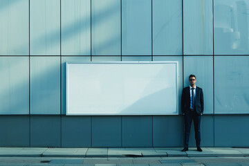Businessman standing near a blank billboard on modern building exterior