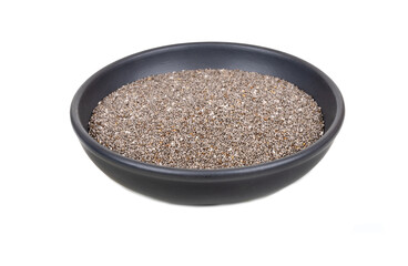 Chia seeds in black bowl isolated on white background