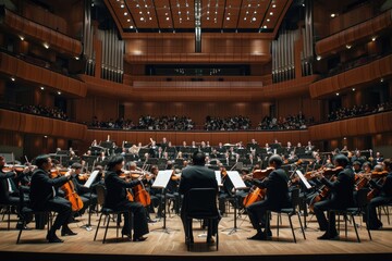 a orchestra with a conductor and orchestra in front of a stage, A classical orchestra performing in...
