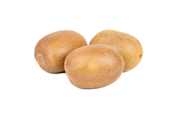 Three ripe gold kiwi fruits isolated on white background