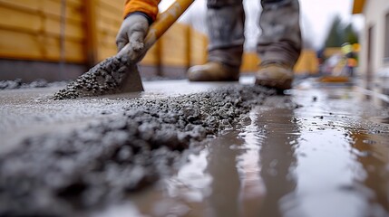 A construction worker's hands pouring concrete, smoothing it with a trowel. Minimal and Simple style
