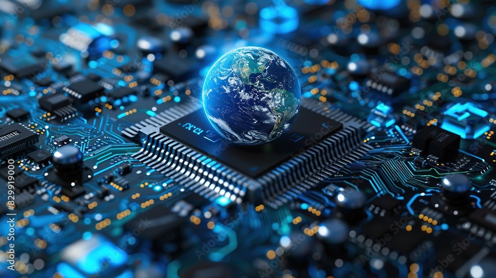 Aufkleber futuristic computer chip with a globe on top. globe surrounded by blue colored circuit boards for gl